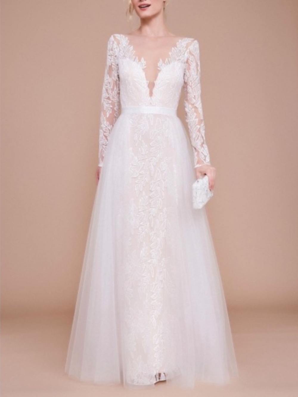 TADASHI SHOJI Embroidered Tulle Plunge Neck Long Sleeve Wedding Gown Dress